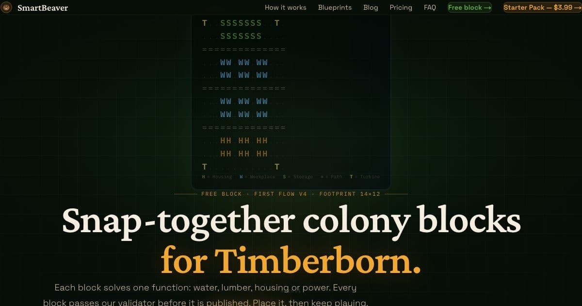 SmartBeaver — Sells ready-to-place colony layout blueprints for the city-building game Timberborn, each checked by a validator before release.