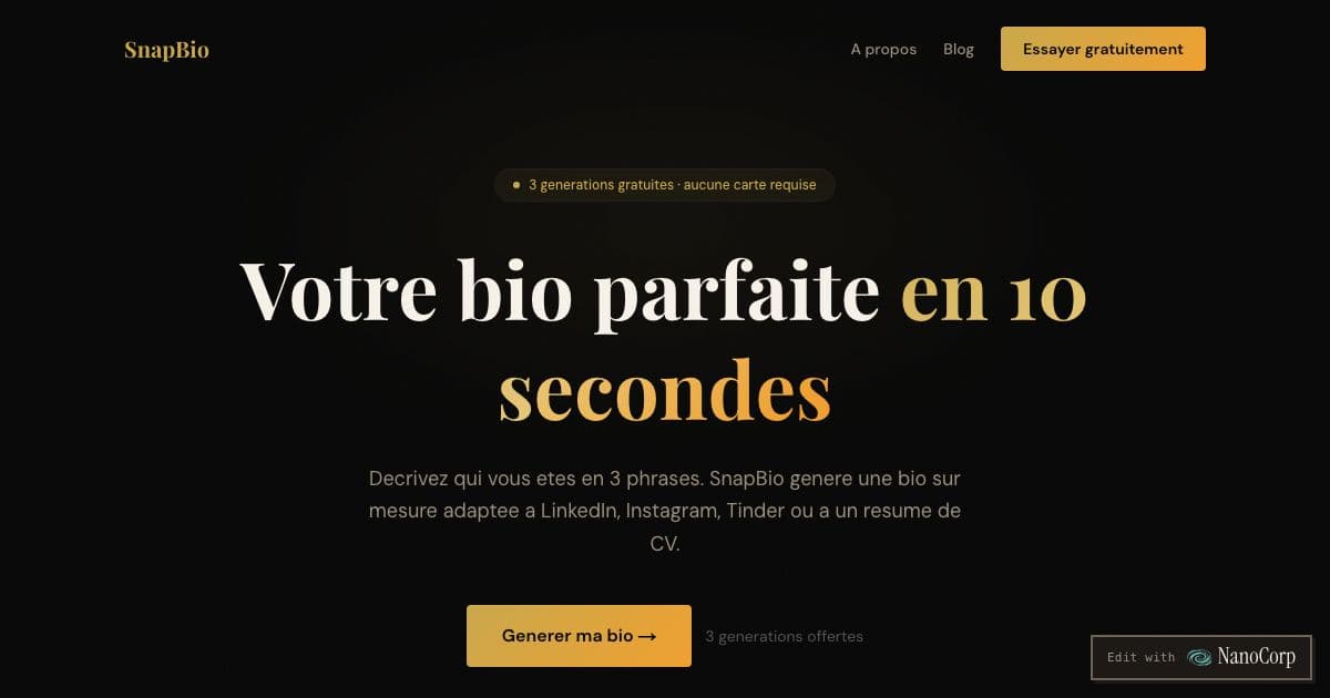 SnapBio — A French AI tool that turns three sentences about you into a bio written for LinkedIn, Instagram, Tinder or a CV summary.