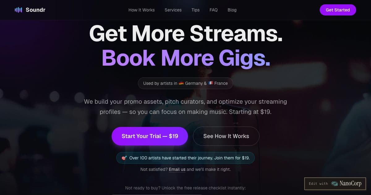 Soundr — AI-assisted promotion services for independent musicians who want more streams, more live bookings and better beat listings.