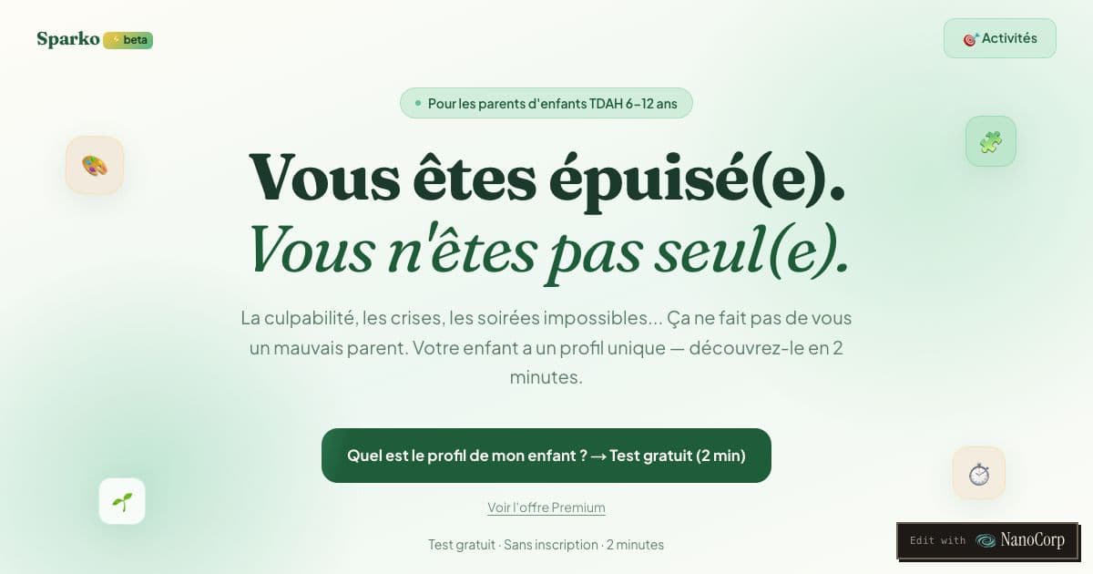 Sparko — A French web app of short, ADHD-adapted activities that parents filter by their child's age, the time they have and their goal.