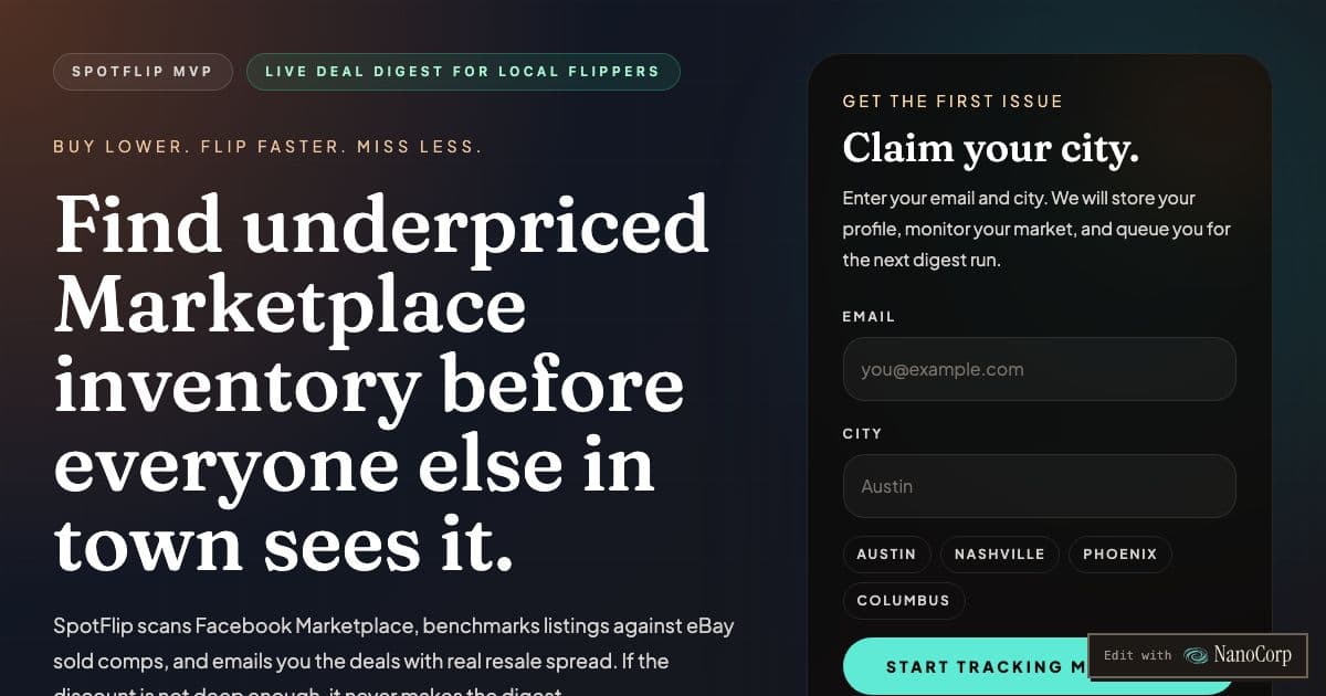 SpotFlip — Flags local Facebook Marketplace listings priced well below eBay sold comps and emails resellers a daily digest of the deals.