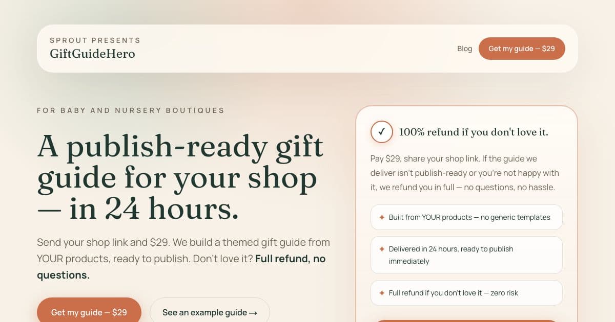 Sprout — Writes themed gift guides from the products of small baby and nursery shops on Etsy and Shopify in the US and UK.