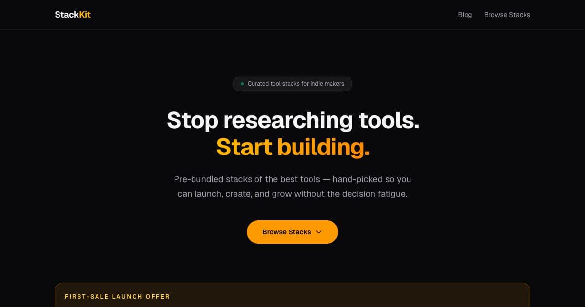 StackKit — Sells curated guides to the software tools an indie maker needs to launch a product, publish content or run a solo SaaS.