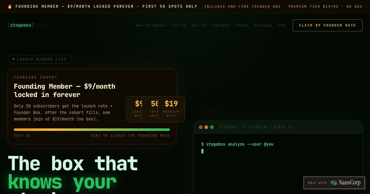 StageBox — A subscription concept for remote software developers that picks gear and setup configs from their public GitHub activity.