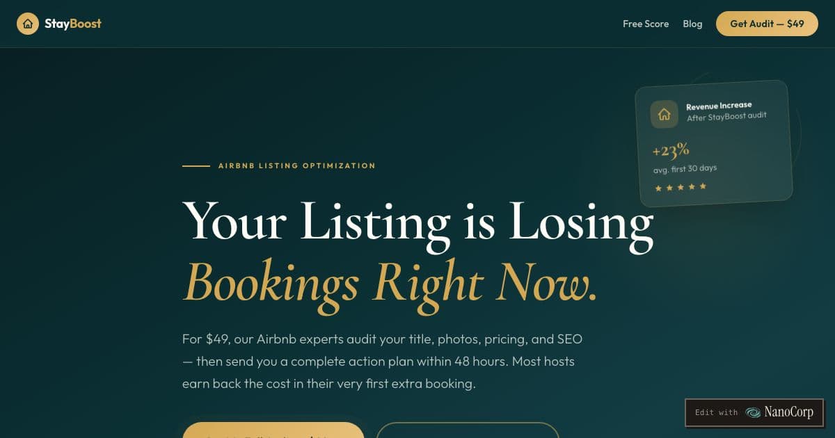 StayBoost — Written audits of Airbnb listings for self-managing hosts with one to five properties: title, photos, pricing and search keywords.