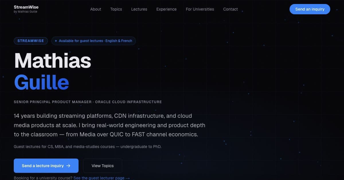 StreamWise — Books a streaming industry product leader as a guest lecturer for university courses on streaming technology and economics.