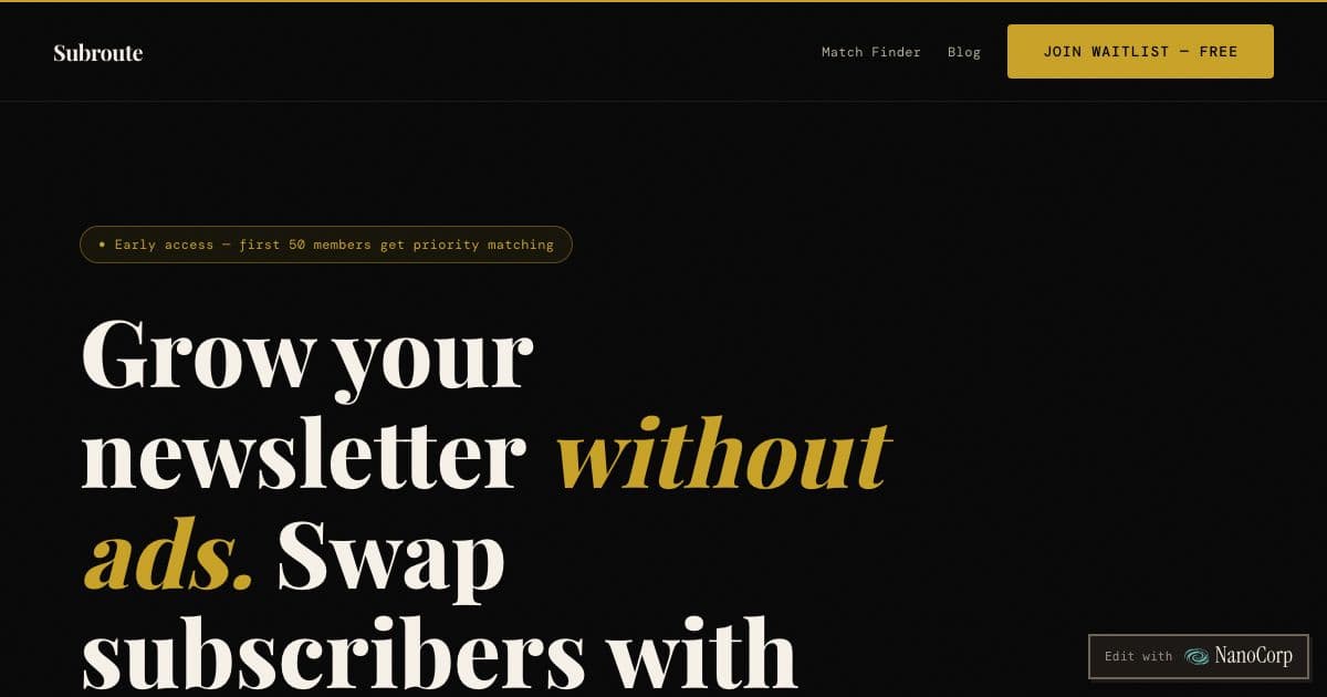 Subroute — Matches small newsletters in the same niche so their writers can promote each other to their readers instead of paying for ads.