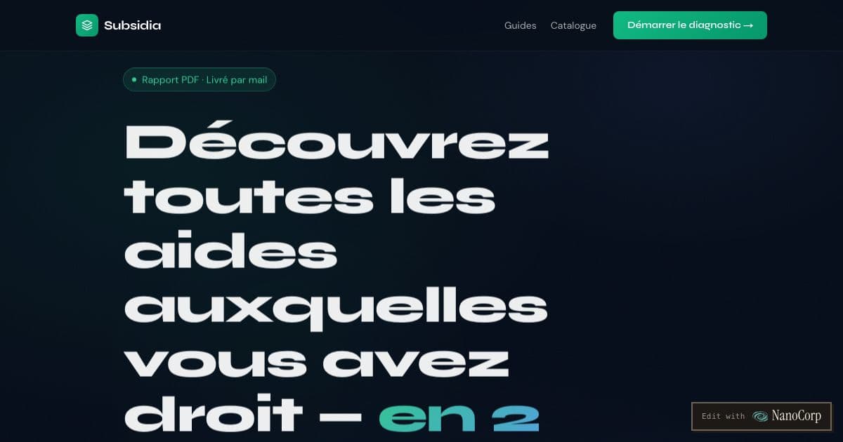 Subsidia — A seven-question diagnostic that tells French freelancers and small firms which public grants and tax schemes they may qualify for.