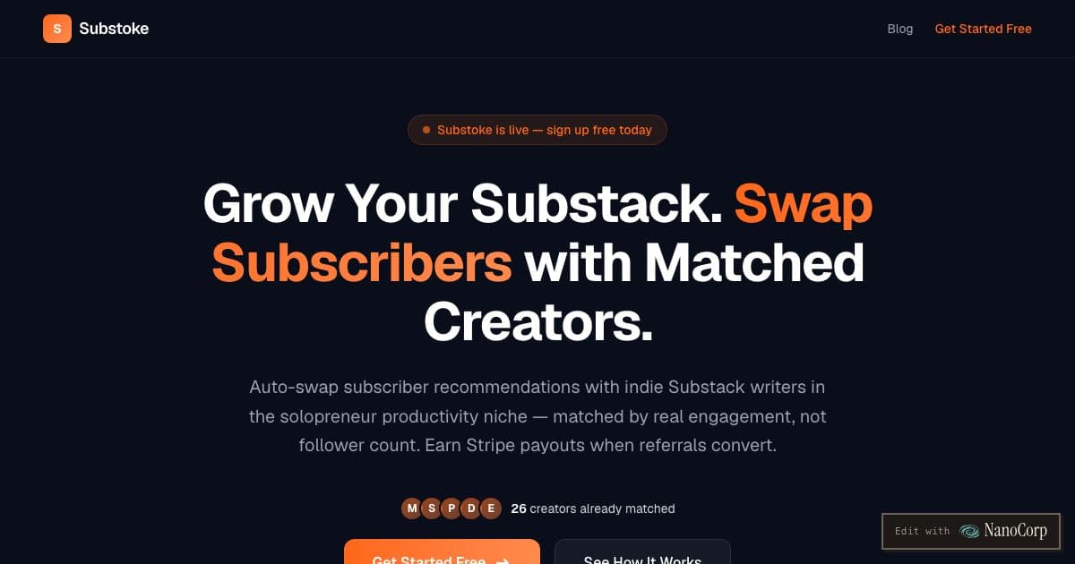Substoke — A platform that matches indie Substack writers in the solopreneur productivity niche to swap subscriber recommendations and earn on referrals.