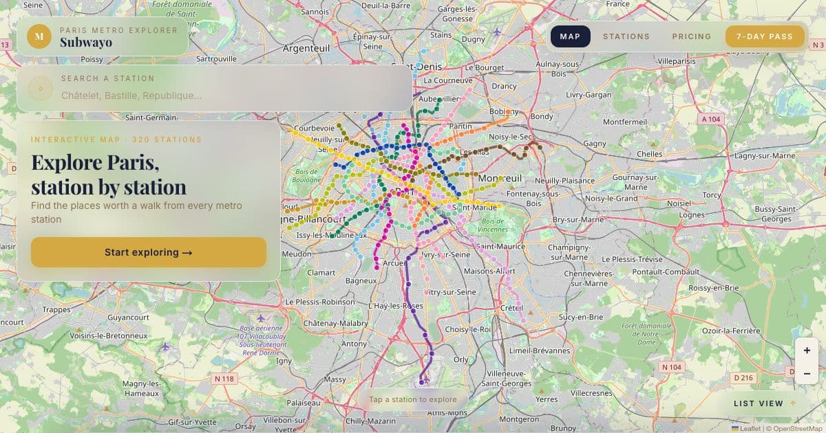 Subwayo — An interactive Paris metro map listing places worth visiting near each station, for visitors who explore the city by metro.