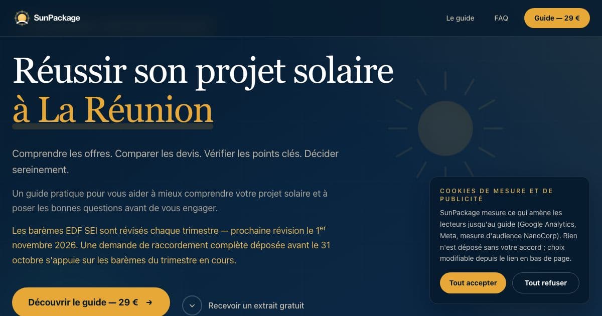 SunPackage — An independent guide that helps households in La Réunion understand solar panel quotes, subsidies and payback before signing.