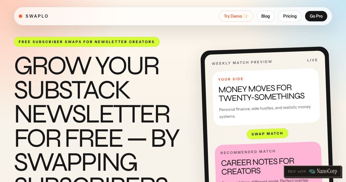 Swaplo — Matches indie Substack writers in Gen Z personal finance with non-competing newsletters for mutual subscriber recommendations.