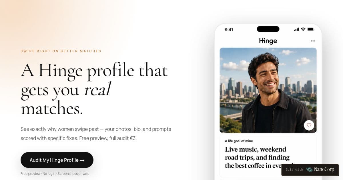 Swift Date — An audit tool that reviews men's Hinge dating profiles from a women-first perspective and gives specific feedback on photos, bio, prompts, and chats.