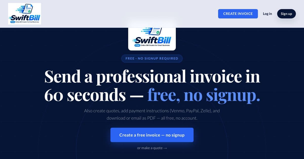 SwiftBill — A browser tool for freelancers and small businesses to make invoices and quotes, add payment details and send them as PDF.