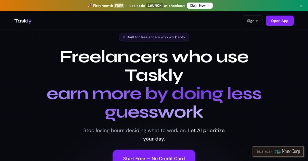 Taskly — A web planner for freelancers and solo workers that turns an unsorted task list into a prioritized plan for the day, with habit tracking.