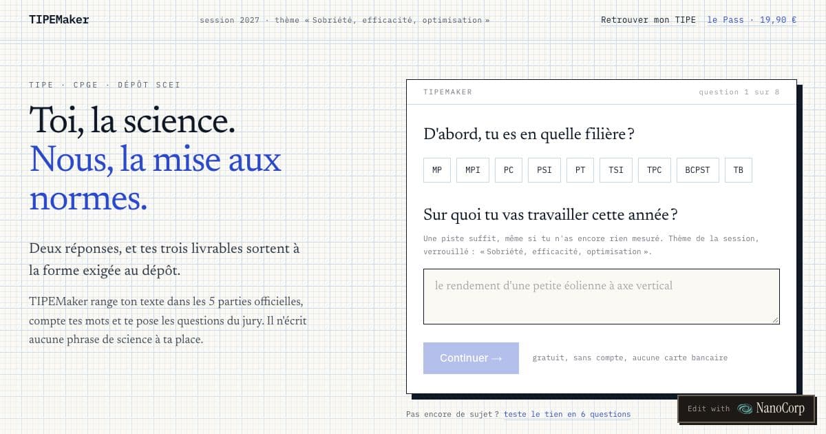 TIPEMaker — Helps French preparatory class students put their TIPE project into the official MCOT, DOT and slide formats, using their own words.