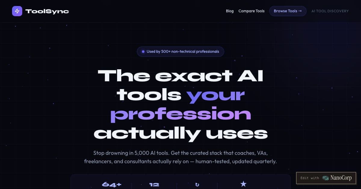 ToolSync — Matches a problem described in plain English to a suitable AI tool, with curated stacks for coaches, assistants, writers and consultants.