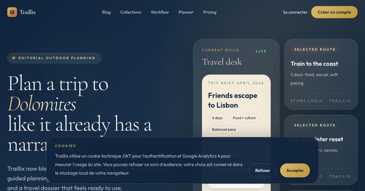 Trailix — An AI trip planner that turns destination, companions, pace and interests into a full day-by-day itinerary you can export and share.
