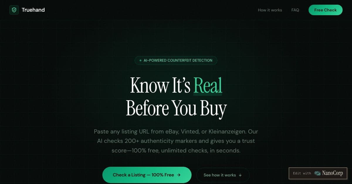 Truehand — Checks a secondhand marketplace listing for signs of a counterfeit and returns a trust score with the red flags it found.