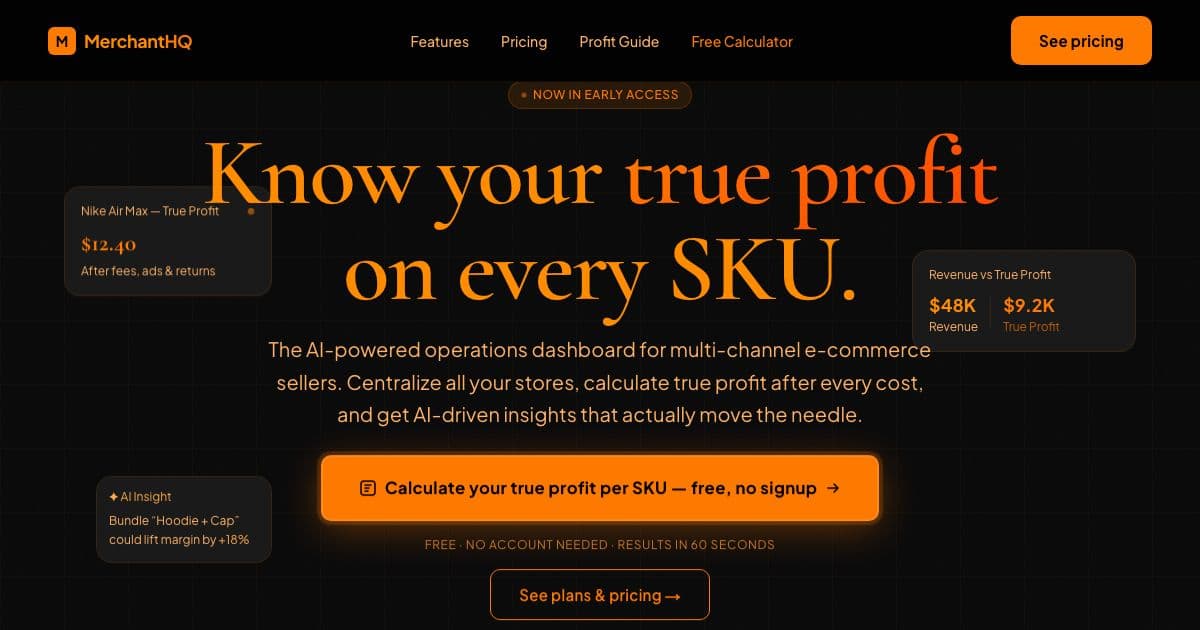 TrueSKU — Calculates net profit per product for multi-channel e-commerce sellers after fees, shipping, ads, returns and other costs.