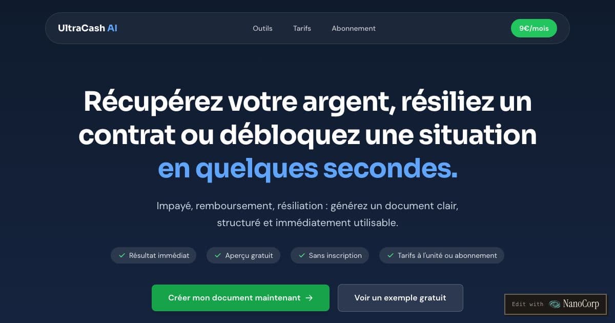 UltraCash AI — Generates ready-to-send French letters to recover an unpaid sum, cancel a contract, ask for a refund or put someone on formal notice.