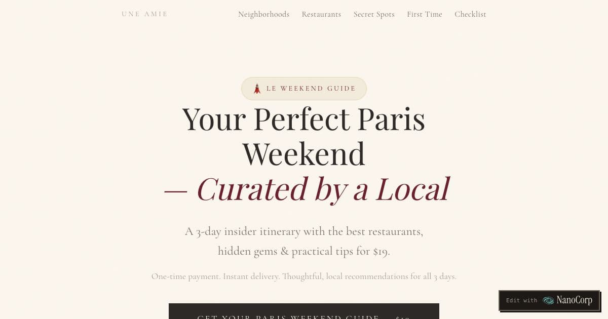 Une Amie — Writes a three day Paris weekend itinerary, in the voice of a local friend, for travelers planning a trip to the city.