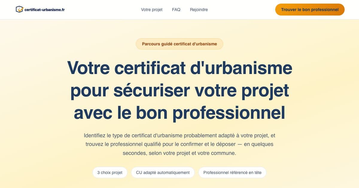 Urbana — Helps French property owners pick the right planning certificate and find a surveyor, architect or notary to prepare it.