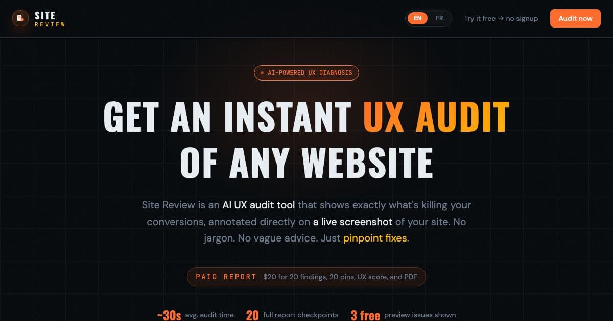 UX Scan — Turns a web page URL into a UX audit with numbered pins on a screenshot and a specific fix for each conversion problem.