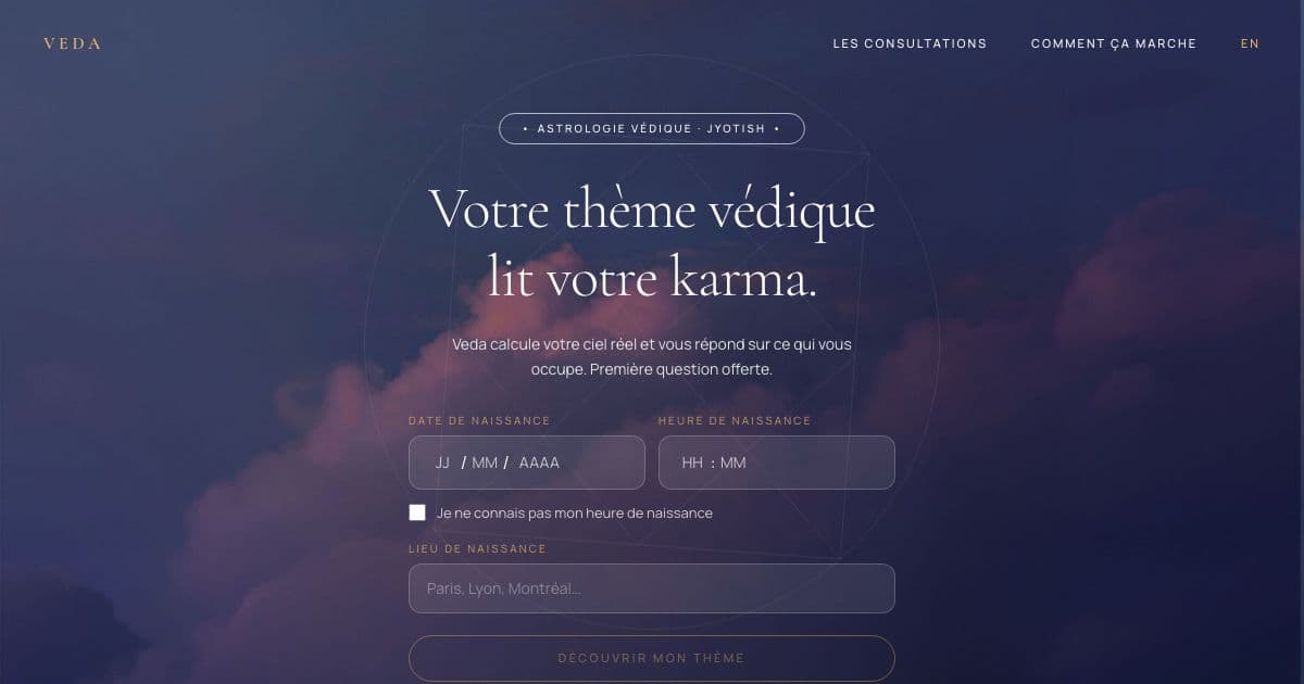 Veda — Computes a Vedic birth chart and answers personal questions about love, career and life timing in a chat, in French.