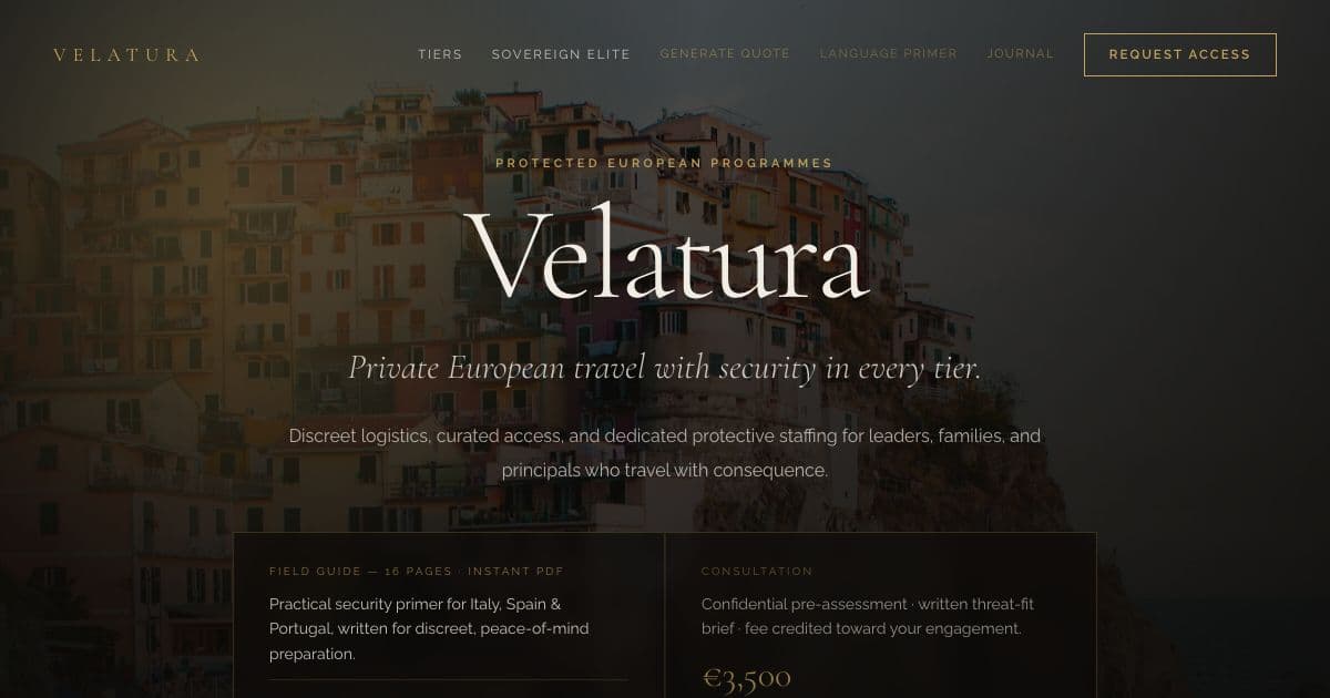 Velatura — Plans private trips to Italy, Spain and Portugal with protective staffing included, for executives, senior officers and families.