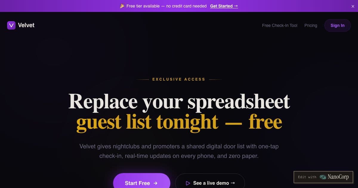 Velvet — A shared digital guest list for nightclubs, event venues and promoters, with promoter links and one-tap check-in at the door.