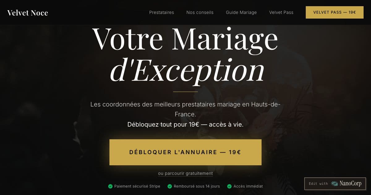 Velvet Noce — A French-language directory of wedding vendors in northern France, with ratings, a planning guide and one form to contact several at once.
