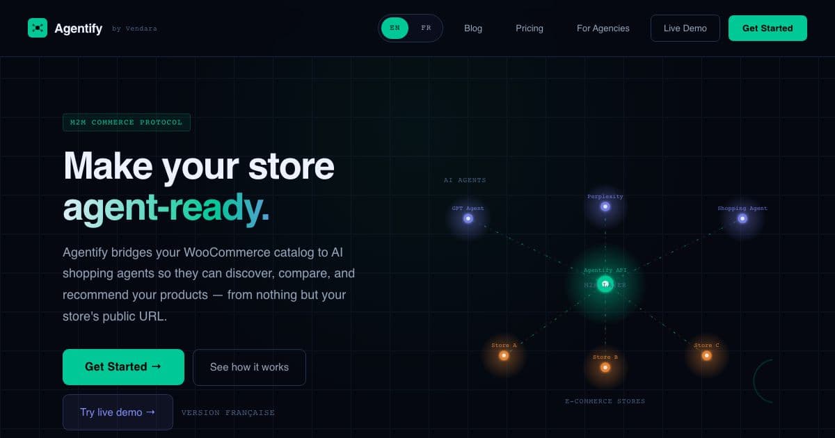Vendara — Turns a WooCommerce store's public catalogue into a product API that AI shopping agents can search, with no code or plugin.