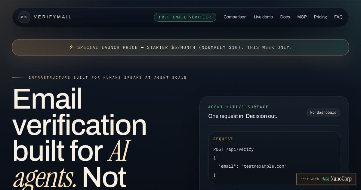 VerifyMail — An email verification API that AI agents call inline before they send, enrich or store a contact.