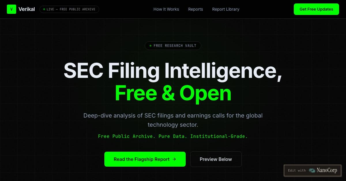 Verikal — Publishes free research reports drawn from the SEC filings and earnings calls of listed technology companies.