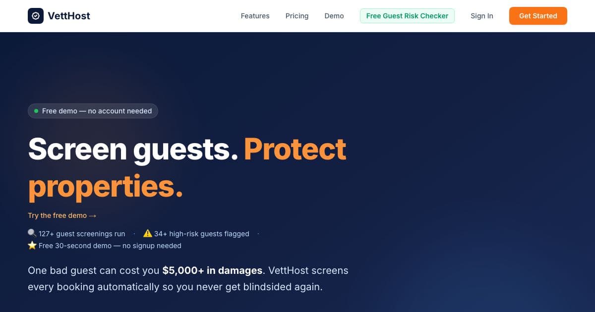 VettHost — Screens incoming Airbnb guests from their review history and tracks maintenance for hosts with two to five properties.