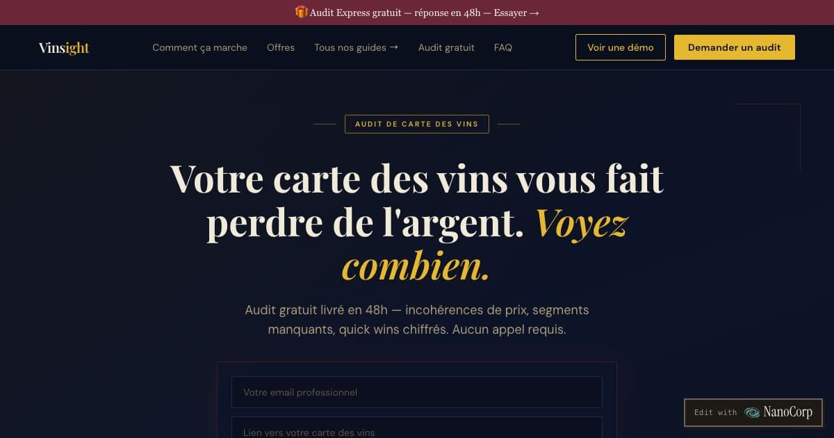 Vinsight — Audits restaurant wine lists for price consistency and balance, then returns a report of what to remove, reprice, add or restructure.