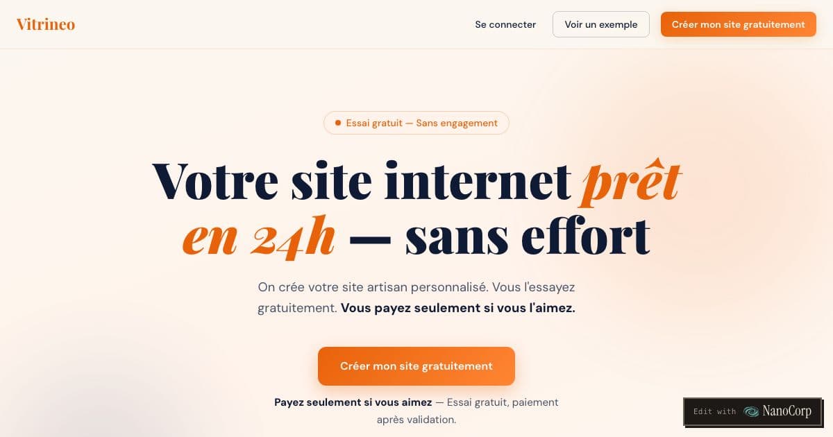 Vitrineo — Builds a ready-to-use website for French tradespeople with no web presence, shown as a free preview before any payment.