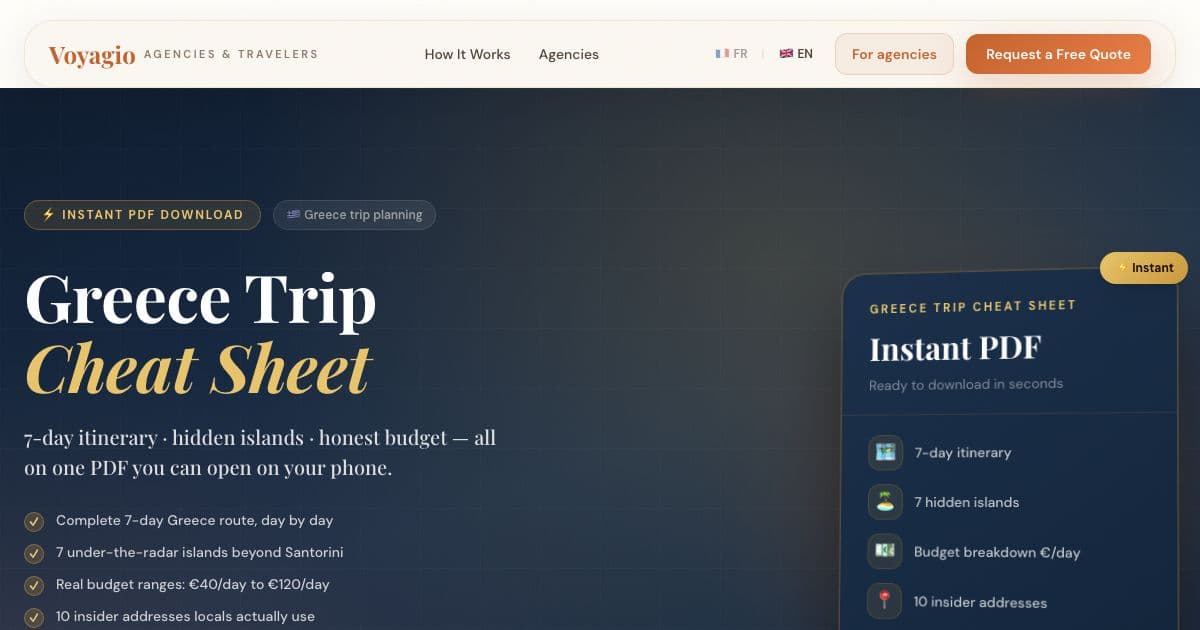 Voyagio — Sells downloadable Greece trip guides to travelers and lists local travel agencies that receive quote requests.