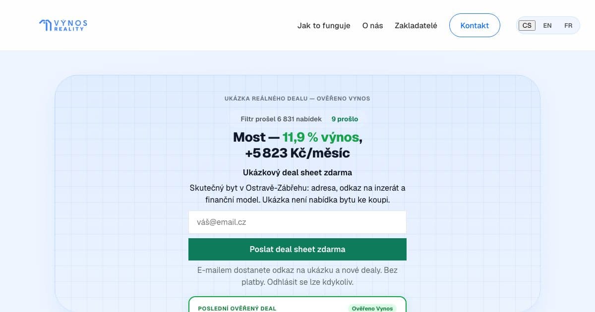 Vynos — Screens Czech flat listings for high rental yield and sells investors a full analysis of each property that passes the filter.