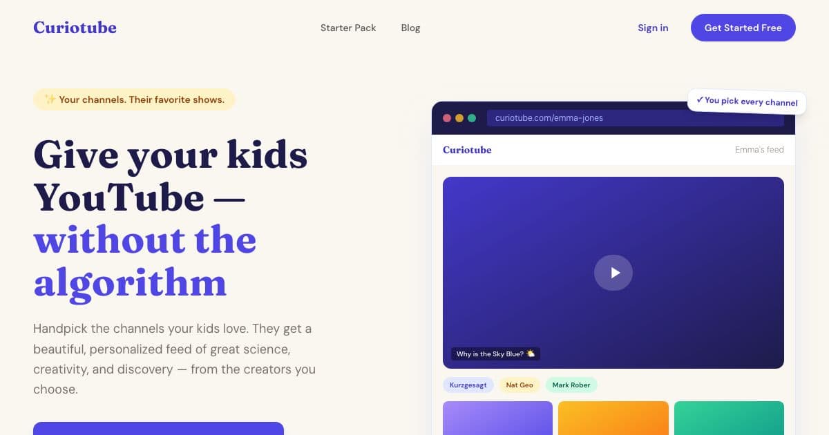 WatchNest — Lets parents build a YouTube feed from channels they choose, so children watch without the algorithm, recommendations or search.
