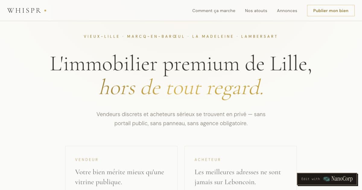 Whispr — A private, map-based listing service for off-market homes in Lille's upscale neighbourhoods, for discreet sellers and serious buyers.