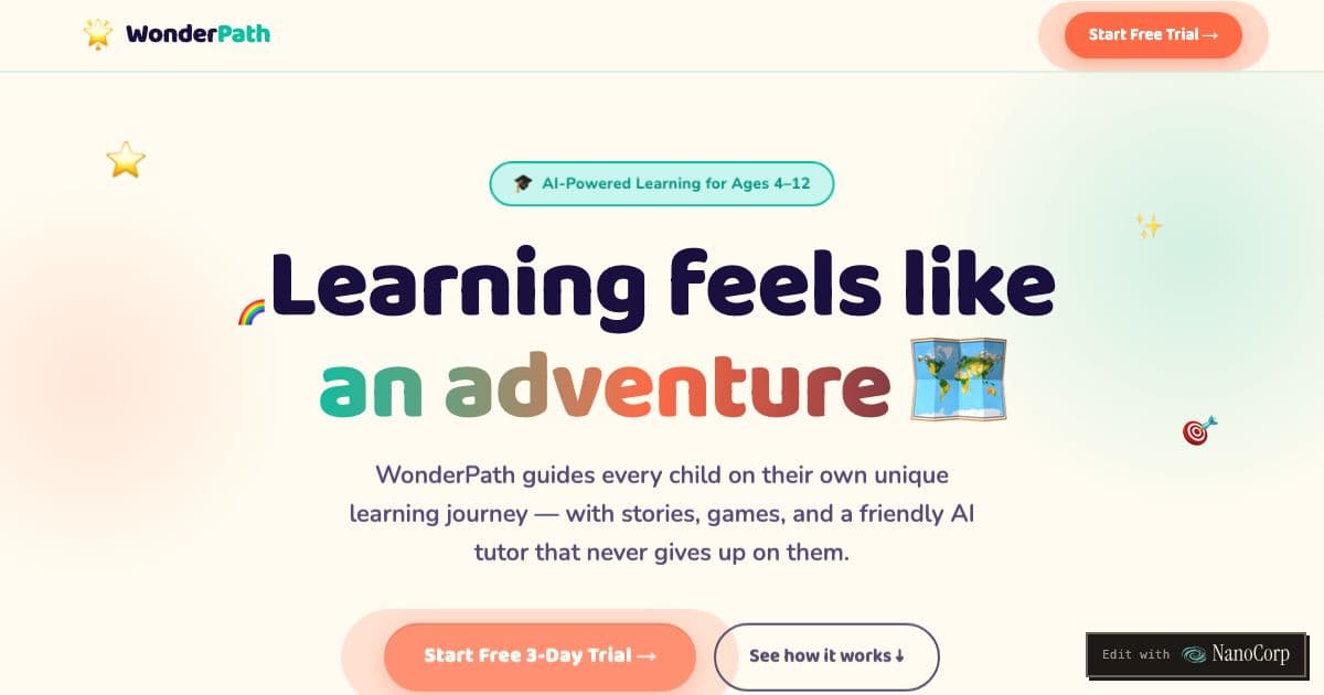 WonderPath — AI learning app for children aged 4 to 12 that turns lessons into quests, stories and games, with a dashboard for parents.