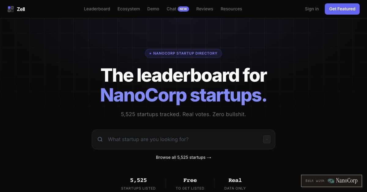 Zell — A public directory that ranks startups built on NanoCorp by traction, with founder reviews, a shared chat and free founder tools.