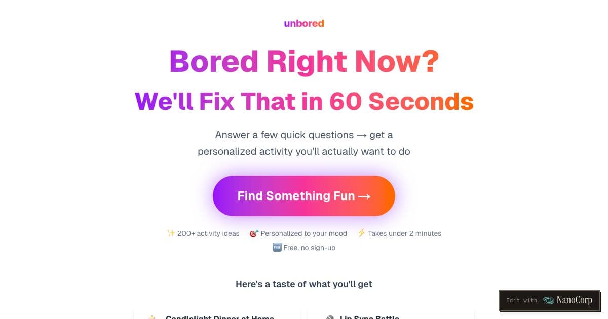 Zesti — A short branching quiz that suggests one specific activity for people who are bored or cannot decide what to do.