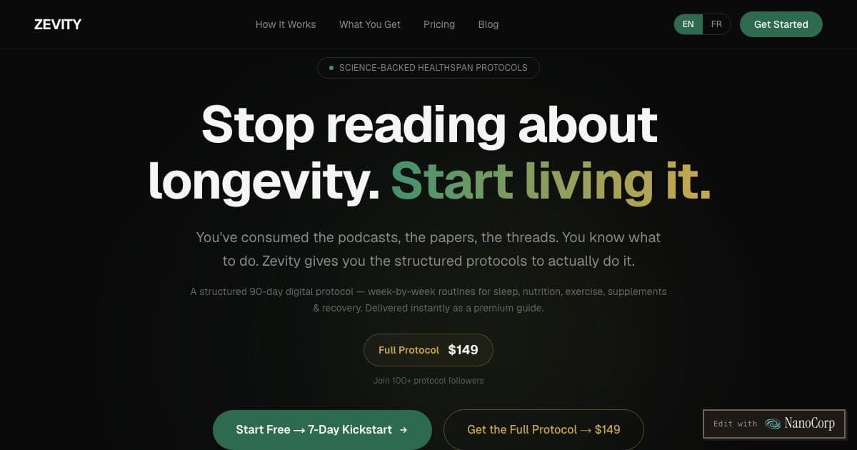 Zevity — A structured 90-day plan of daily routines for sleep, nutrition, exercise and recovery for people who follow longevity science.