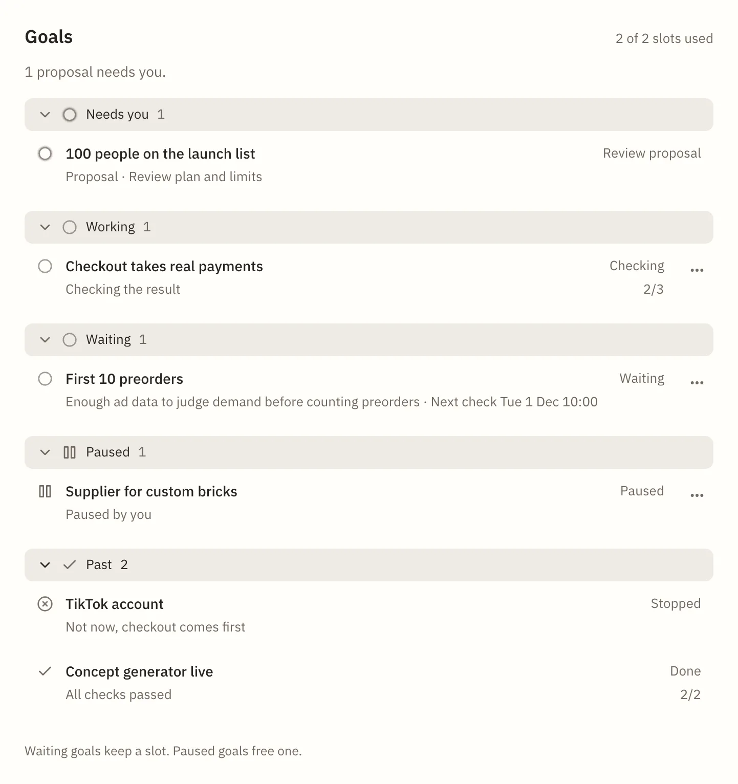 The Goals list grouped as Needs you, Working, Waiting, Paused and Past.