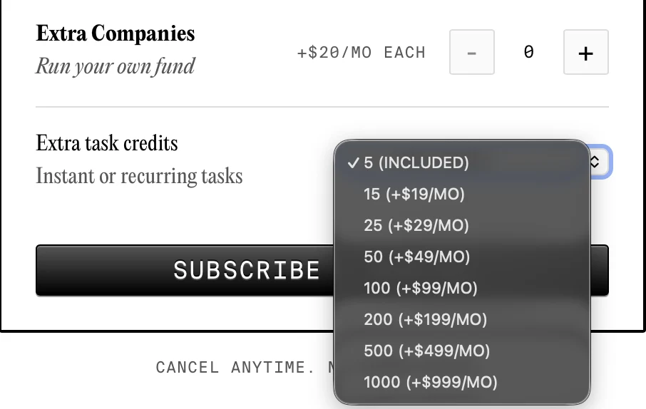 Polsia extra task credits on September 21, 2026: 5 included, 15 for +$19 per month, 25 for +$29, 50 for +$49, 100 for +$99, 200 for +$199, 500 for +$499, 1,000 for +$999