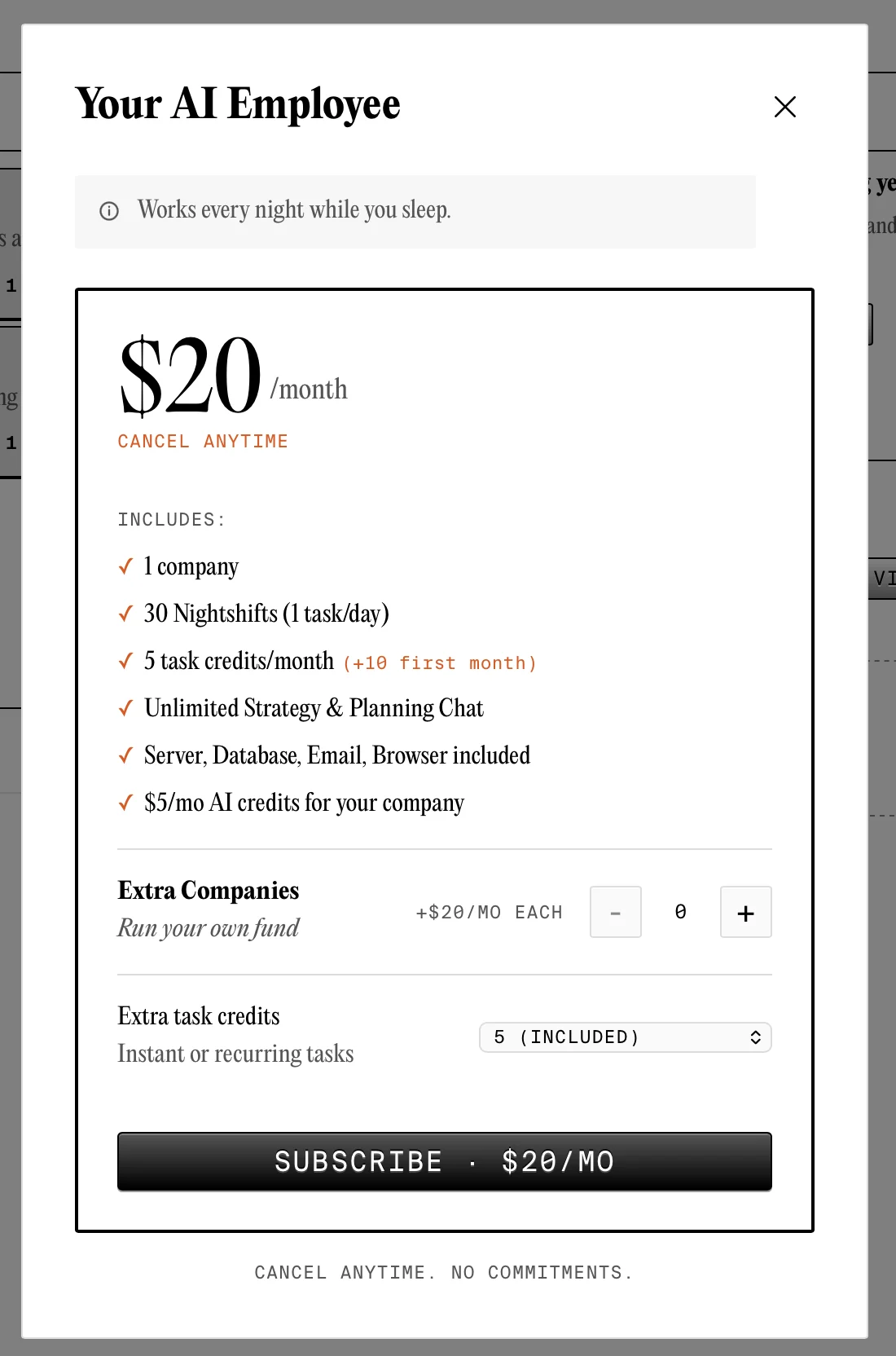 Polsia plan window on September 21, 2026: Your AI Employee, $20 per month, 1 company, 30 Nightshifts, 5 task credits a month, extra companies at $20 per month each